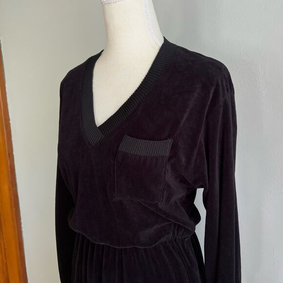 Trolley Car Velour Dress Long Sleeve V‎ Neck Size Small Black Vintage 70s Union - Picture 5 of 8